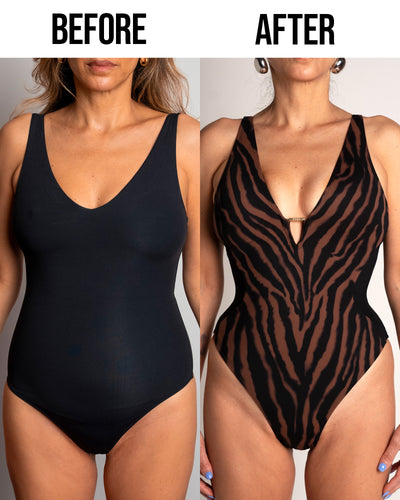 TA3 Hi Cut Plungey Triangle swimsuit before and after