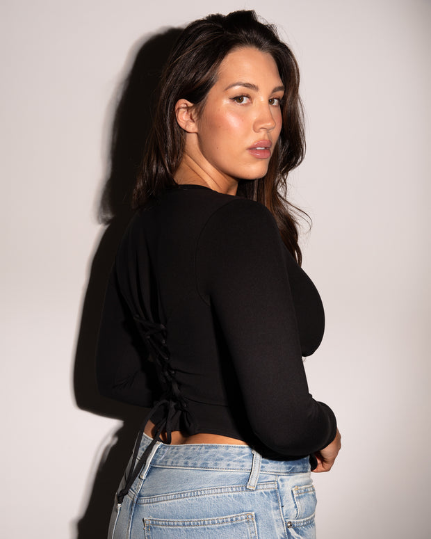 Long Sleeve Corsety Top - Black