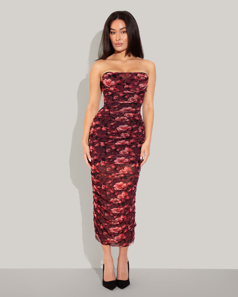 Sweetie Sheer Mesh Column Dress - Cranberry Floral