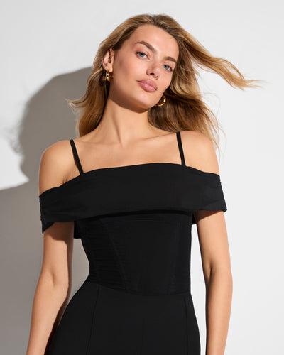 Model wears Poplin Off Shoulder Corset Sculpting Shapewear Top - Black