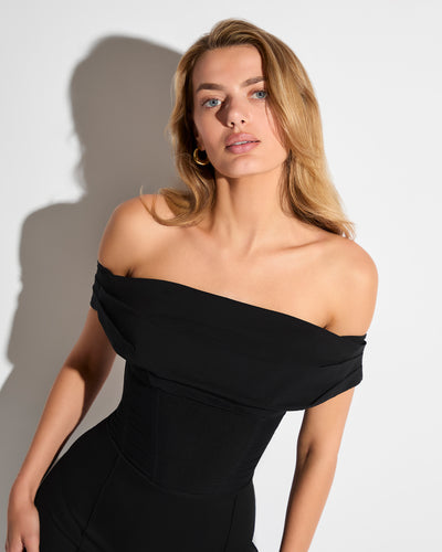Model wears Poplin Off Shoulder Corset Sculpting Shapewear Top - Black without straps