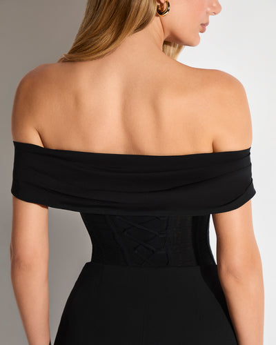 Poplin Off Shoulder Corset Sculpting Shapewear Top - Black close up back