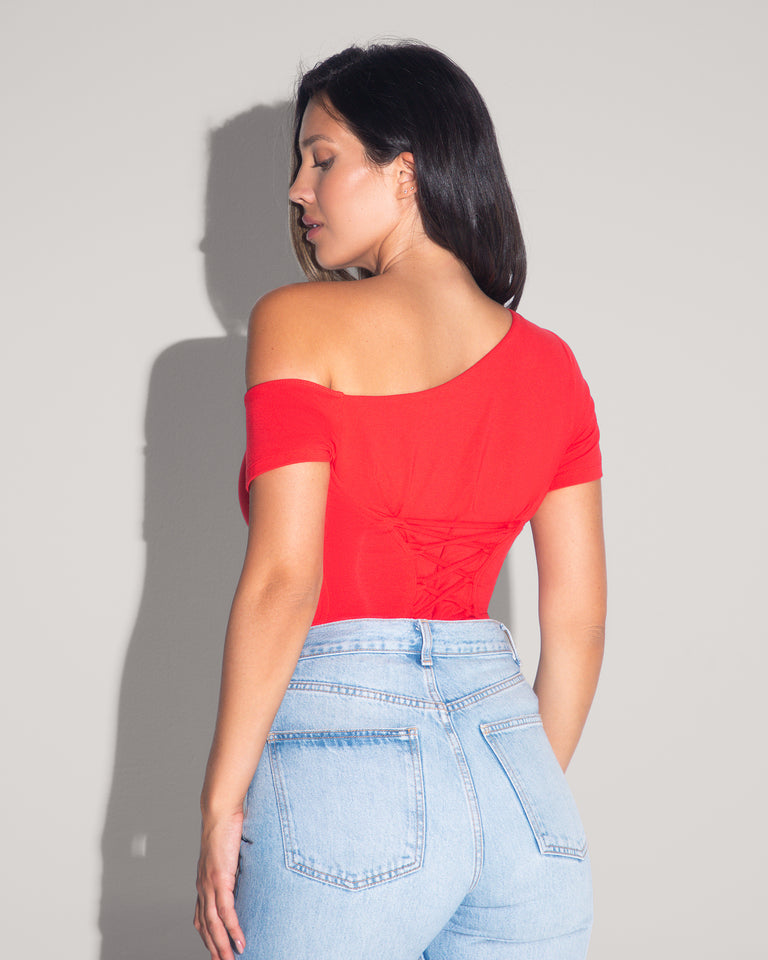 Shapey Short Sleeve One Shoulder Top - Red