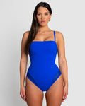 Size Medium Model is wearing Squarey Thin Strap Square Neck Shapewear Swimsuit - Sapphire front view