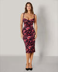 Seamed Lushy Satin Pencil Dress - Cranberry Floral