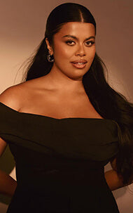 Drew Afualo in TA3 Poplin Off Shoulder Corset Top