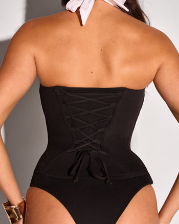 Ruched Square Neck Tankini - Black White Back View Close Up