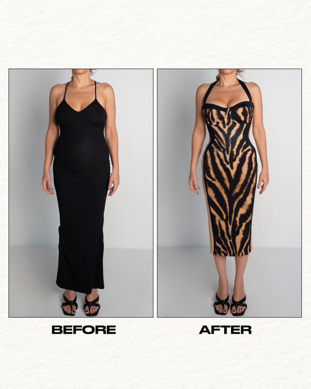 Seamed Lushy Halter Dress - Contour Golden Zebra
