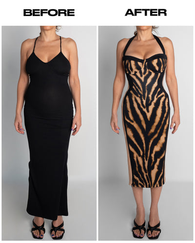 Before and after in Seamed Lushy Halter Dress - Contour Golden Zebra