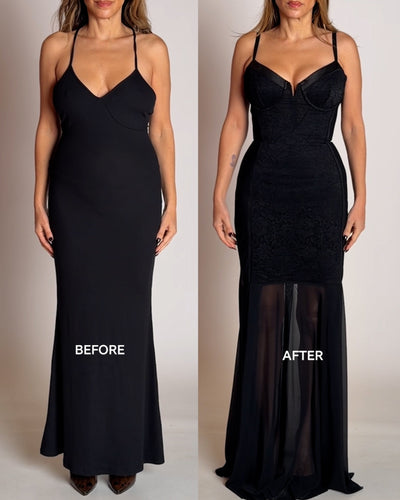 Before and after of Vixen Seamed Flare Maxi Dress - Lace Black