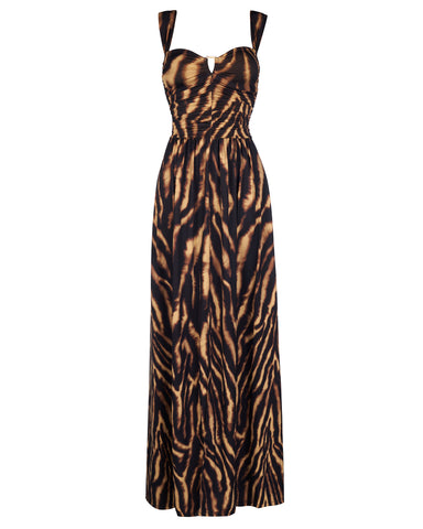 Model wears Goddessy Maxi Shapewear Dress - Golden Zebra Back view