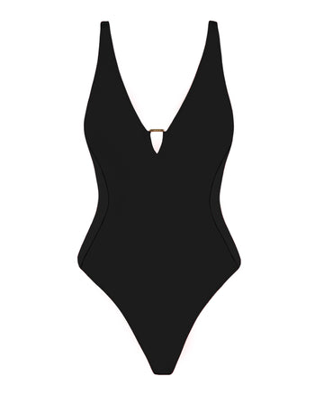 Outline image of Hi Cut Plungey Triangle - Black tummy control swimsuit