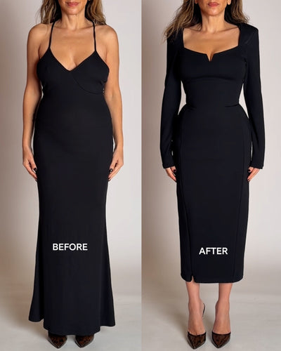 Before and after of Notchy Long Sleeve Dress - Black