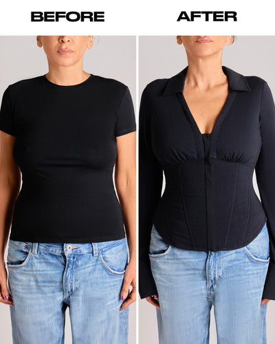 before and after in Shirty Long Sleeve Shapewear Top - Black
