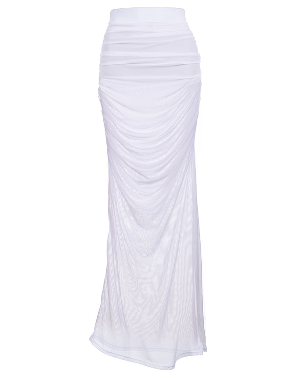 Ruched Sheer Maxi Skirty - White