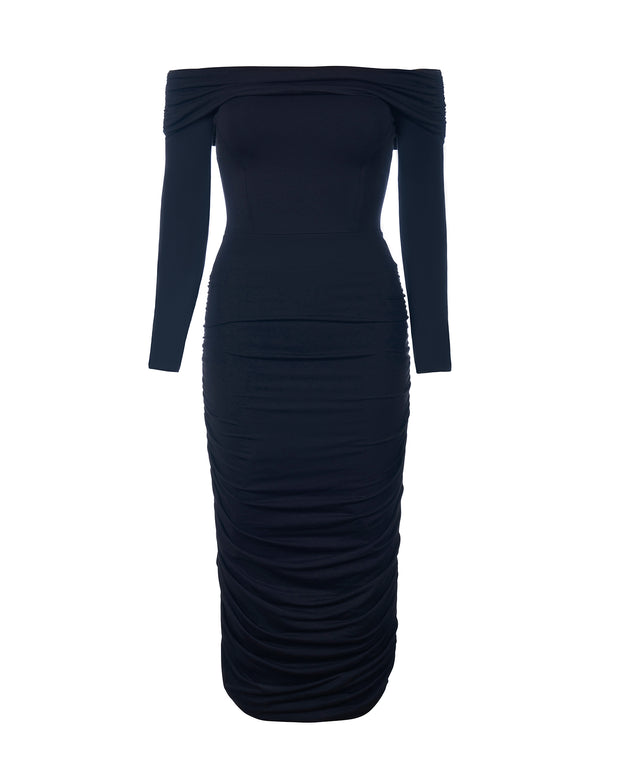 Shapey Off Shoulder Ruched Dress - Black