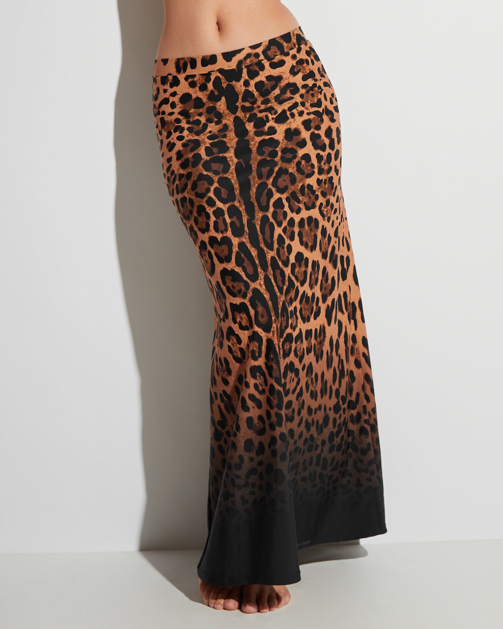 A-Line Maxi Skirty Pull On Swim Cover Up - Ombre Symmetric Leopard close up front