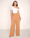 Model posing in Belted Wide Leg Ponte Pant - Camel front view full body