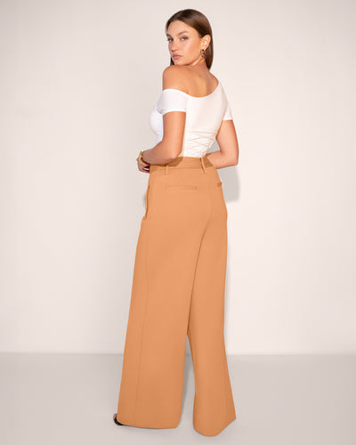 Model wears Belted Wide Leg Ponte Pant - Camel full body back view