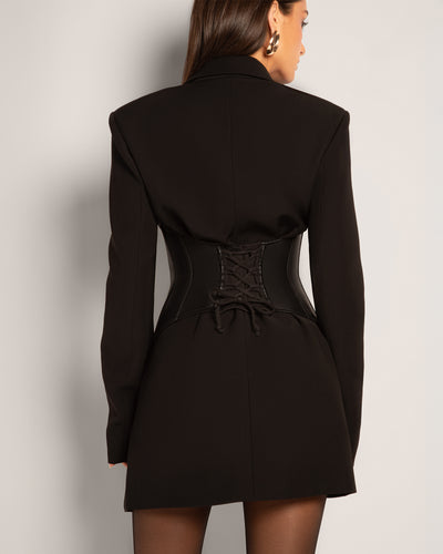 Model wears Corset Belt - Faux Leather Black back view