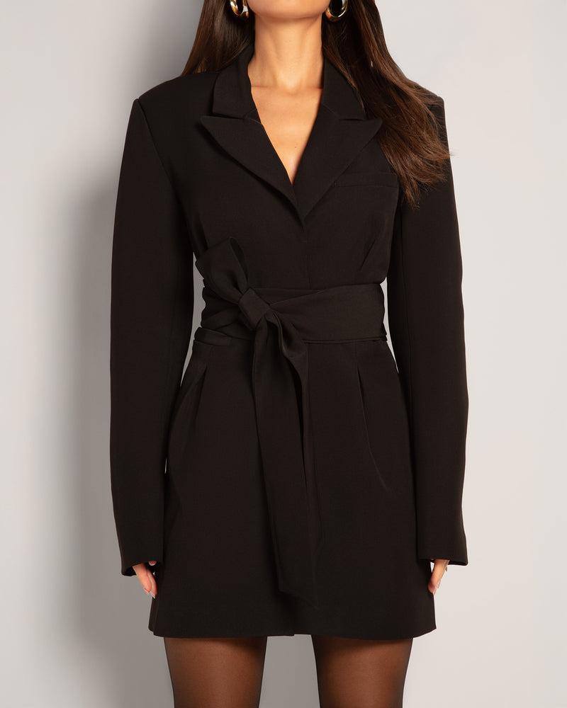 Model Wears Convertible Blazer Mini Dress - Black Front View