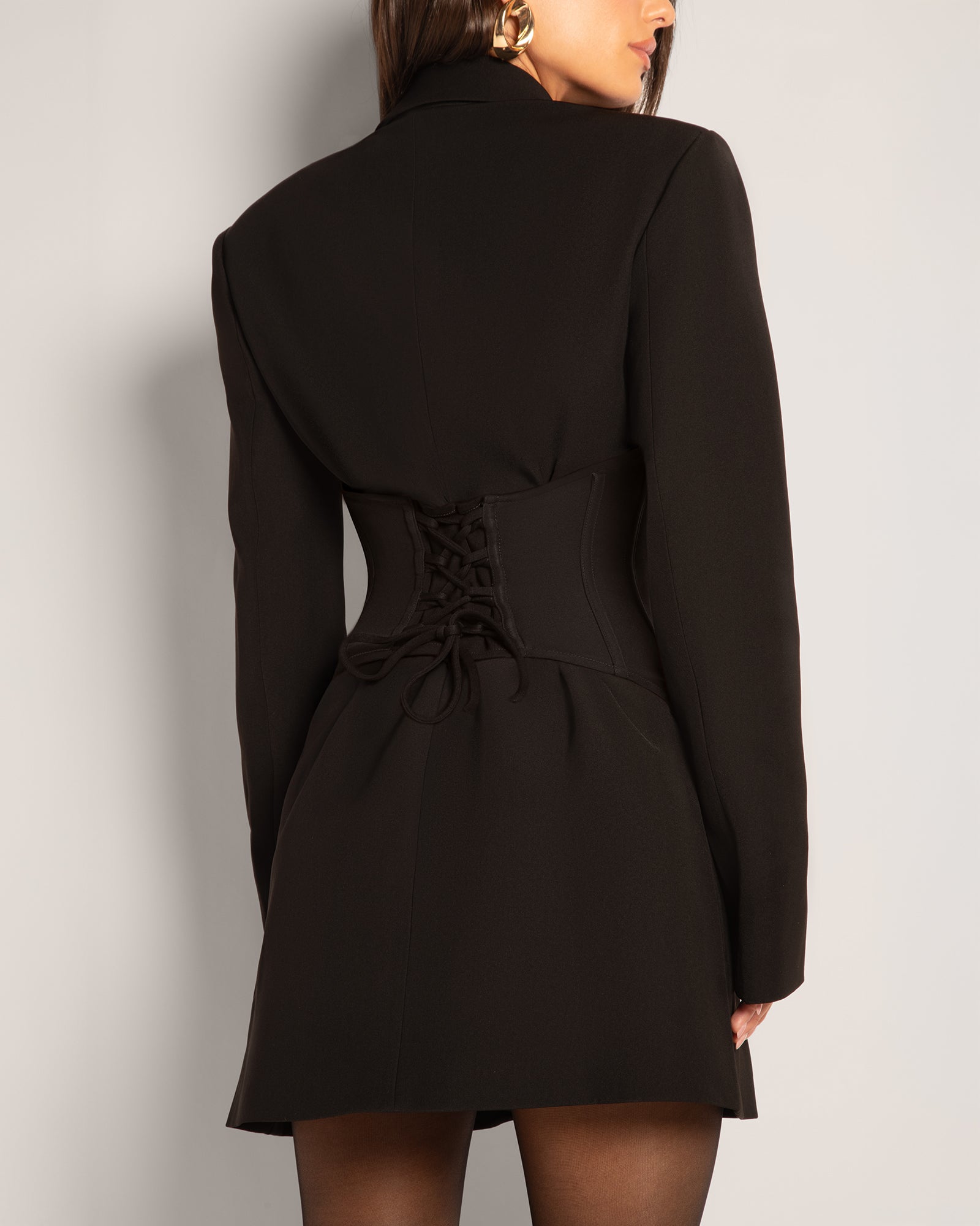 Model Wears Convertible Blazer Mini Dress - Black Back View