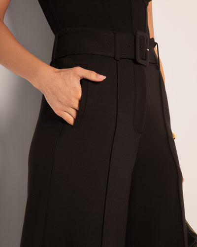 Model wears Belted Wide Leg High-Waist Ponte Pant - Black side view close up