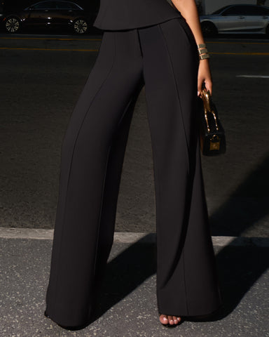 Belted Wide Leg Ponte Pant - Black