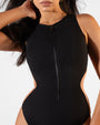 Front view of model wearing Brazilian Crewy - Contour Rib Black/Tawny zipped all the way up 