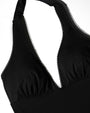 Detail shot of Brazilian Halter Plungey - Picot Black showing the Picot neckline trim