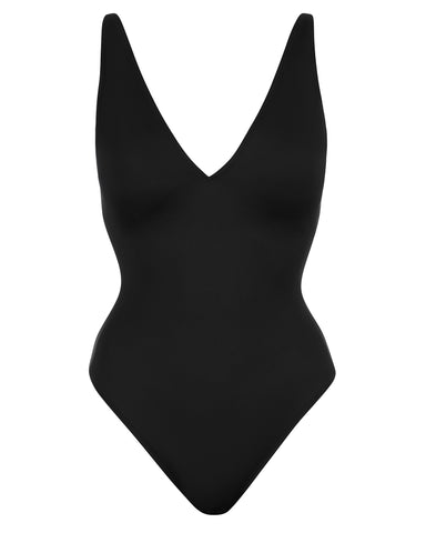 Outline image showing Brazilian Plungey Cheeky One Piece Shapewear Swimsuit - Black