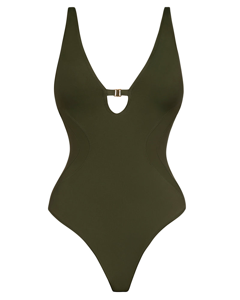 Outline image showing Brazilian Plungey Keyhole Shapewear Swimsuit - Fern Green