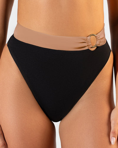 Close up of Brazilian Ring Kini Bottom - Black/Tawny on model