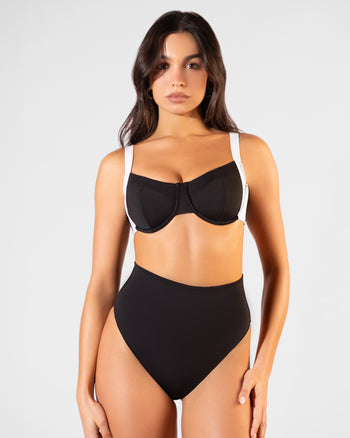 Front view of Brazilian Smoothing Kini Bottom - Black paired with Lifty Tie Back Bikini Top - Black/White