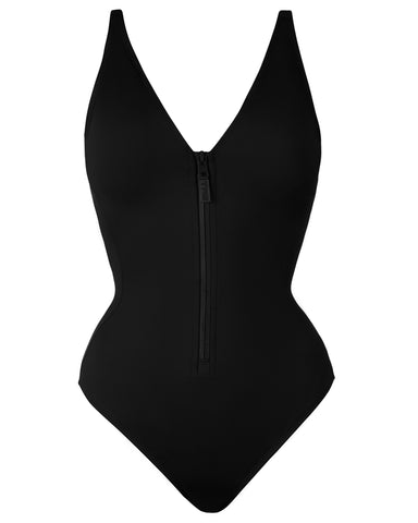 Outline image showing Cheeky Plungey Zip One Piece Shapewear Swimsuit - Black