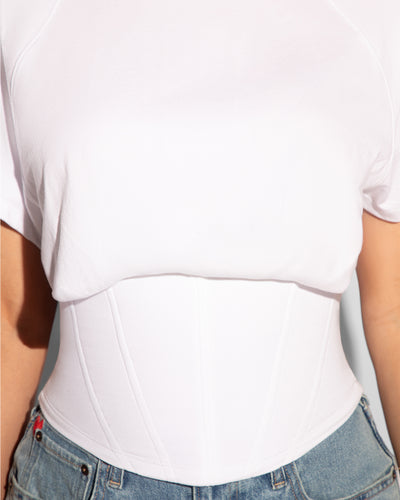 Corset Blousey Raglan Sleeve Shapewear Tee - White corset area close up