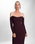 Model wearing Corsety Off Shoulder Long Sleeve Midi Dress - Garnet without removable straps front view