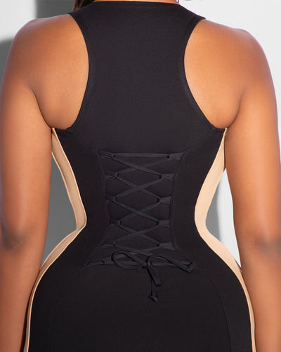Model wears Corsety Scoop Neck Pencil Shapewear Dress - Contour Black/Sand back view close up