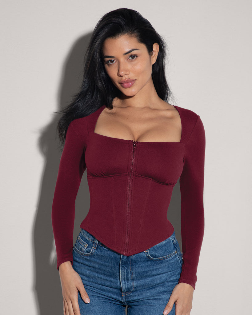 Model wears Corsety Square Neck Long Sleeve Shapewear Top - Dark Cherry