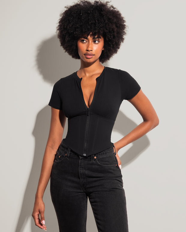 Short Sleeve Corsety Top - Black