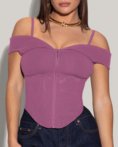 Corsety Draped Off Zipper Front Shapewear Shoulder Top - Grape front view close up