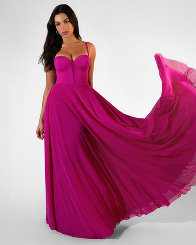Full body front view of model wearing Bombshell Maxi Dress - Electric Fuchsia