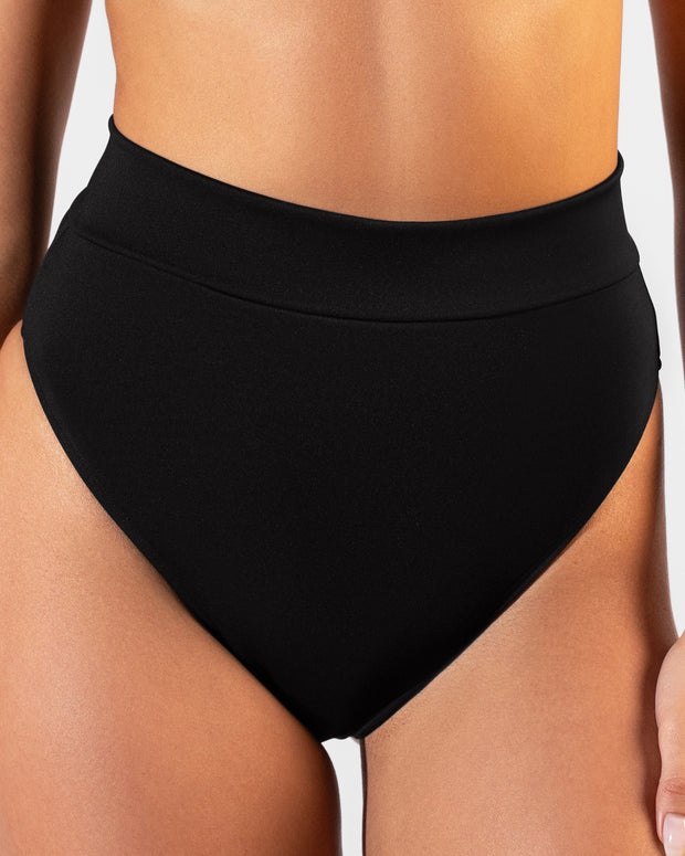 Close up image of Hi Cut Adjustable Kini Bottom - Black on model