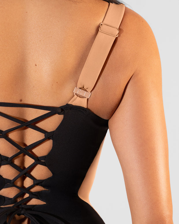 Detail shot of hardware and logo on the back strap 