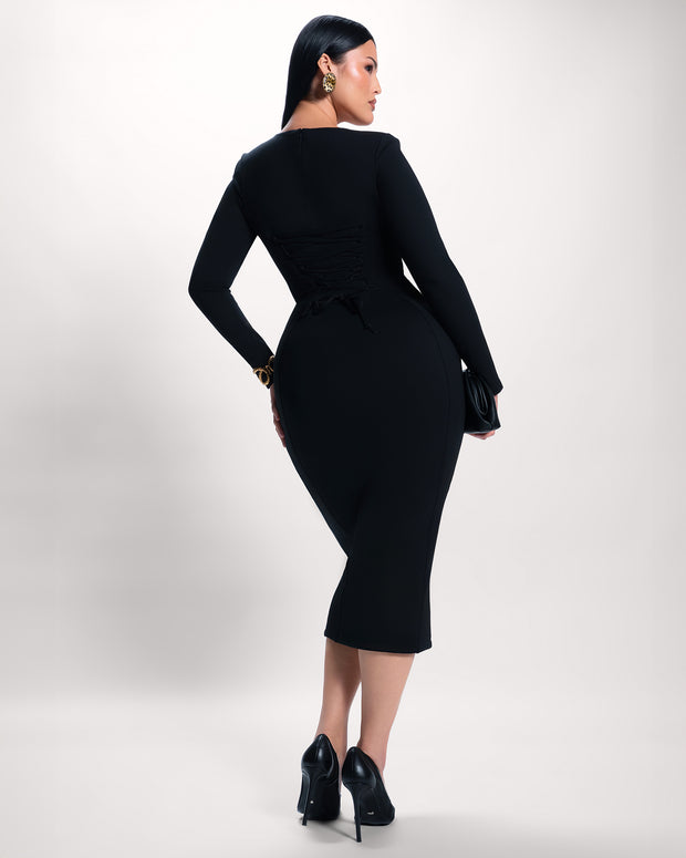 Full body back view Notchy Long Sleeve Midi Dress - Black