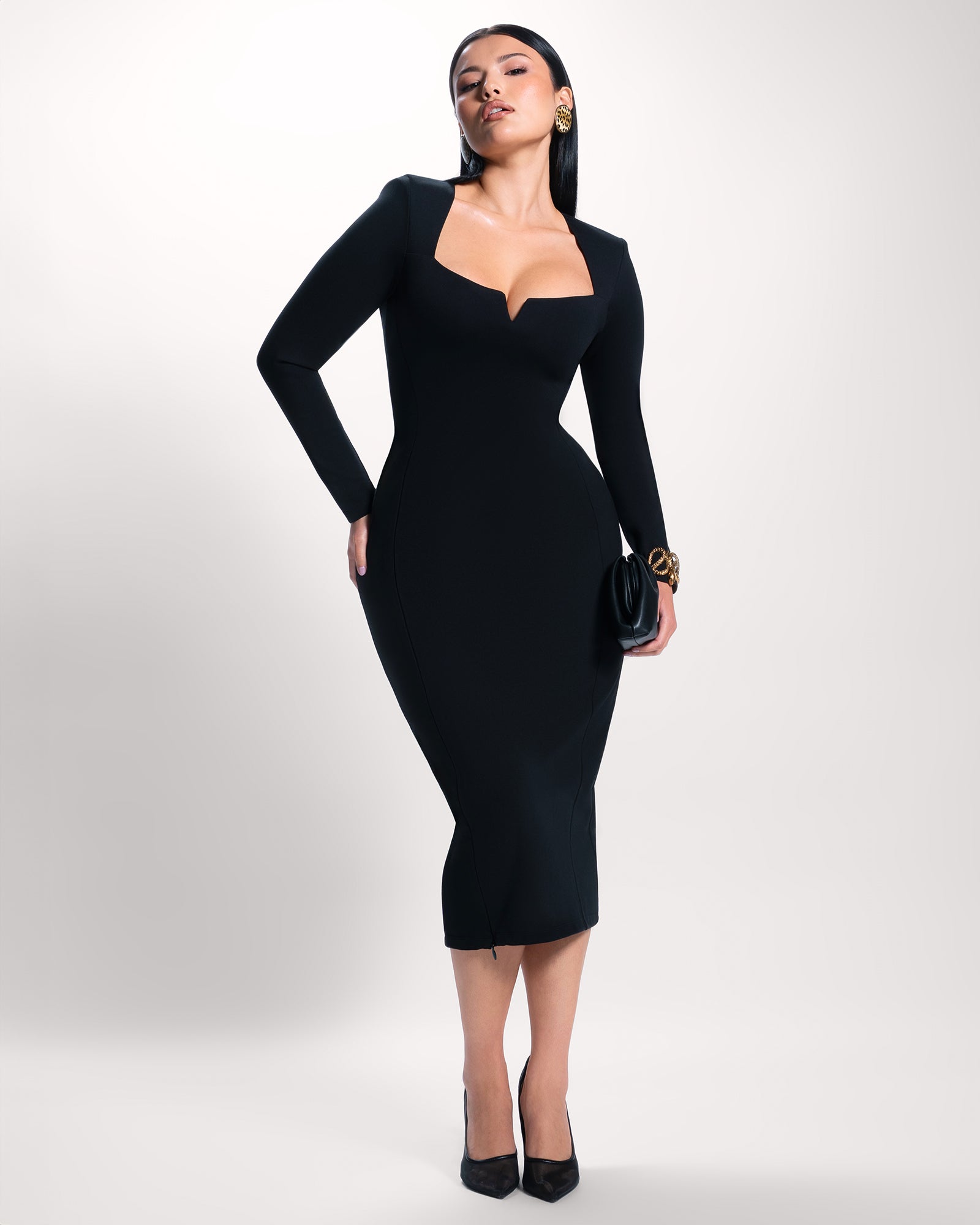 Model wearing Notchy Long Sleeve Midi Dress - Black full body front view