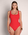 Model wears Pammy Square Neck One Piece Shapewear Swimsuit - Red front view