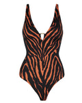 Outline image of Plungey Triangle - Contour Baked Clay Zebra/Black tummy control swimsuit