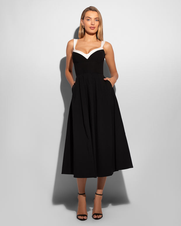 Poplin Fit & Flare Midi Dress - Black/Ivory