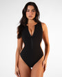 Model wearing Brazilian Crewy - Contour Rib Black/Tawny front view half way zipped down